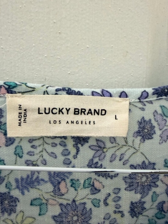 Lucky Brand Blue Floral Boho Peasant Top Size L Short Sleeve Flowy Blouse - Picture 2 of 6